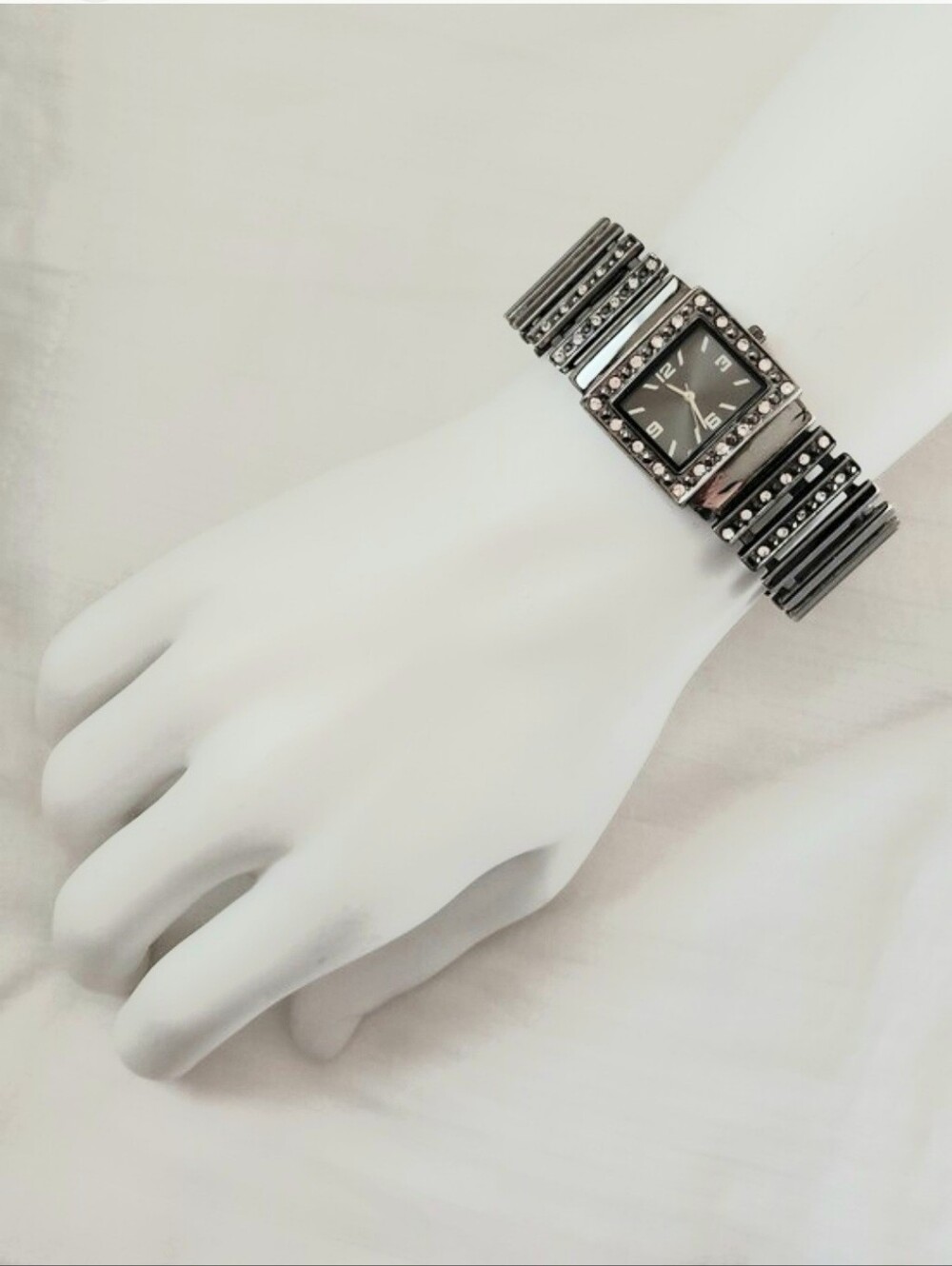 Vintage Gunmetal Hematite Jewel Slats Bangle Watch